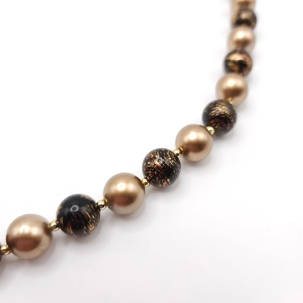 Gold Tone Black Marbled‎ Lucite Beaded Necklace Vintage 30 Inch Statement Gift
